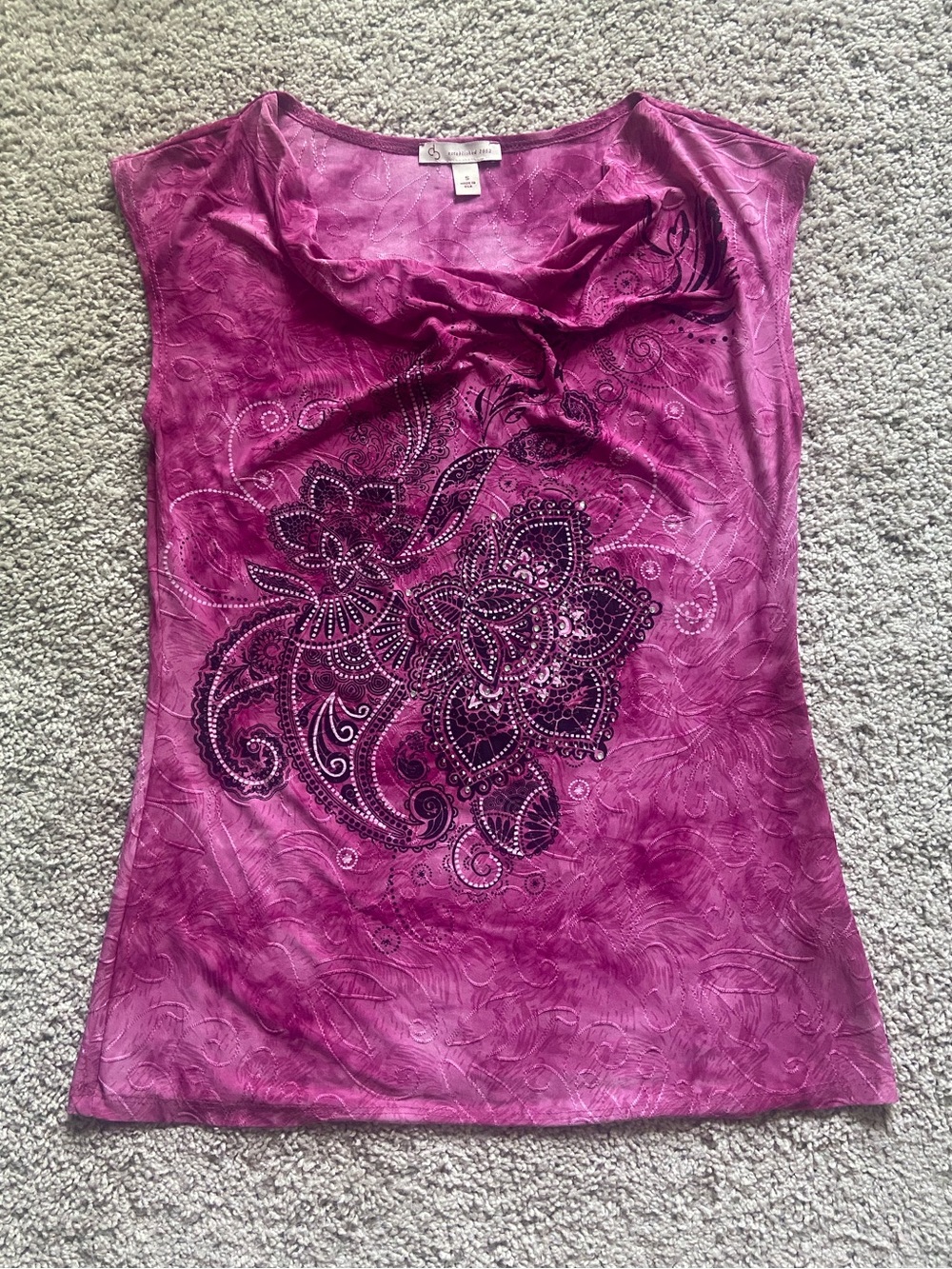 db Established 1962 Y2K Magenta Rhinestone Paisley Cowl Neck Top Size S
